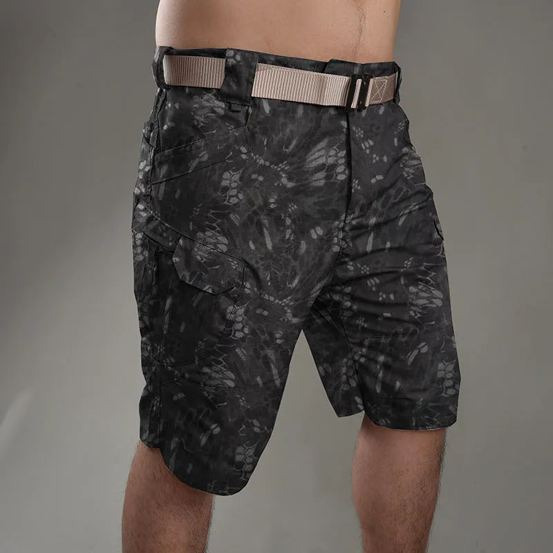 IX7 tactical shorts in khaki cotton blend fabric, wear-resistant for hiking camping spring outdoor work, button model closure
