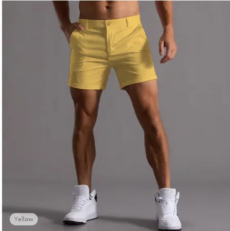 Men's cotton button beach shorts with pockets, straight leg, available in various colours