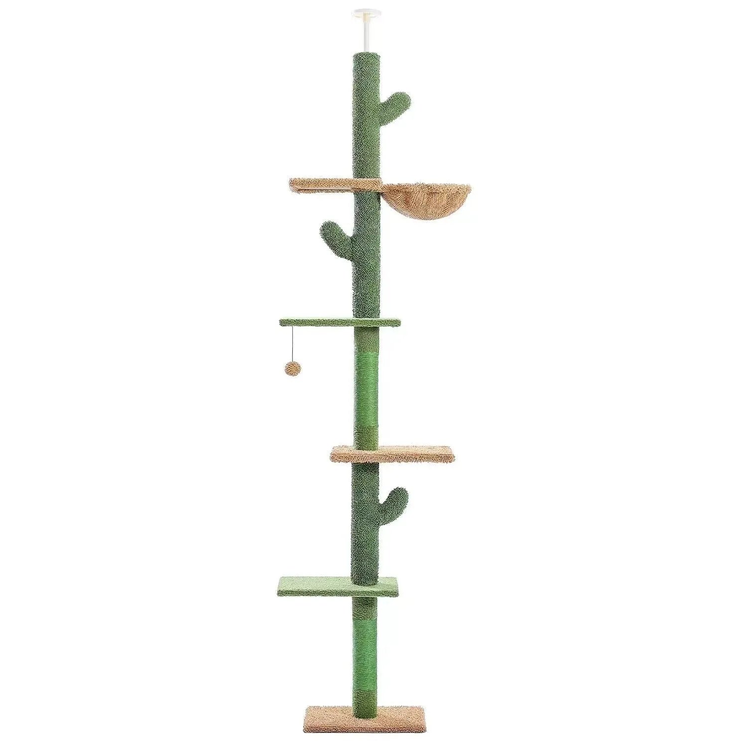 Tall solid wood cat climbing frame with integrated scratch board, cat toy, and elevated nest.