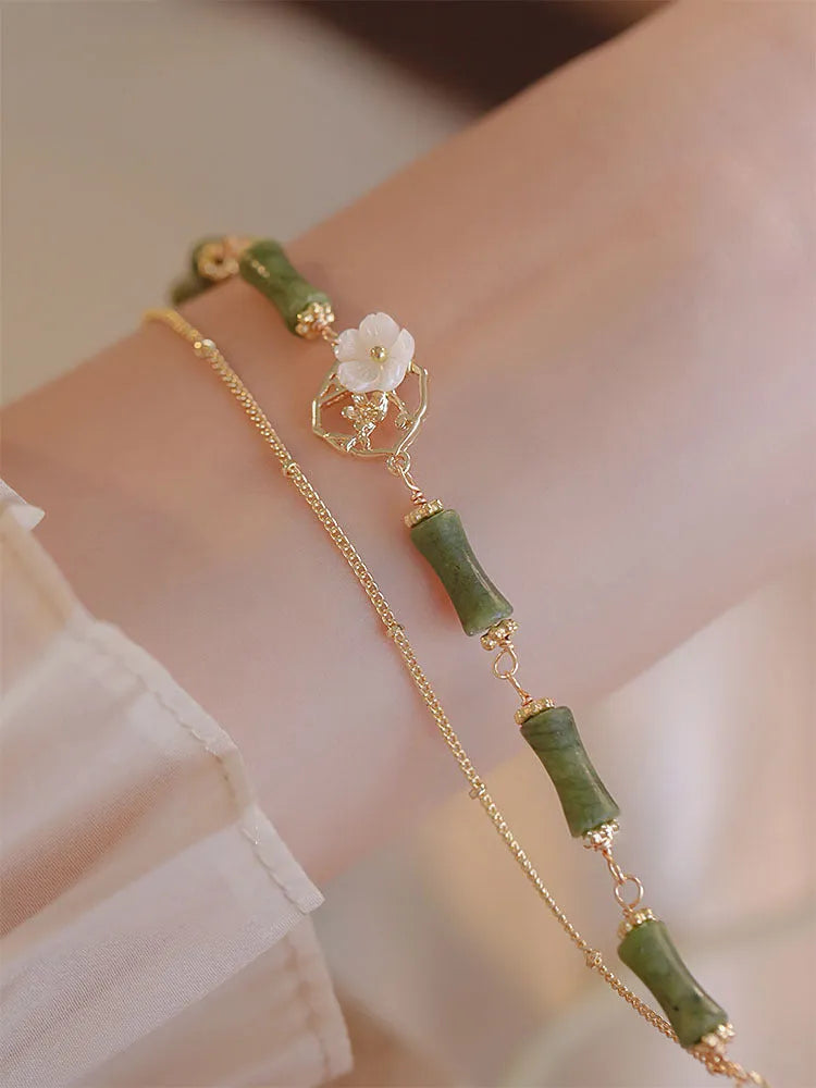 Natural olivine double layer bracelet with Twin Bells of Ireland charms and olive branch decoration