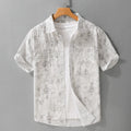 Men's cotton short sleeve cardigan with hanging dyed print in gray white, loose fit, front view