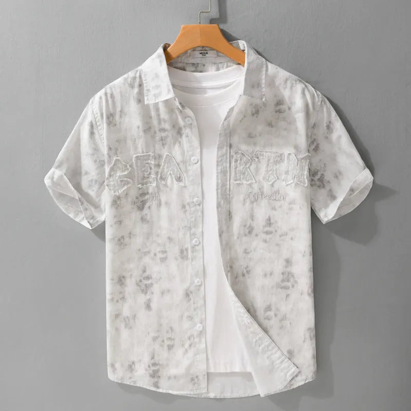Men's cotton short sleeve cardigan with hanging dyed print in gray white, loose fit, front view