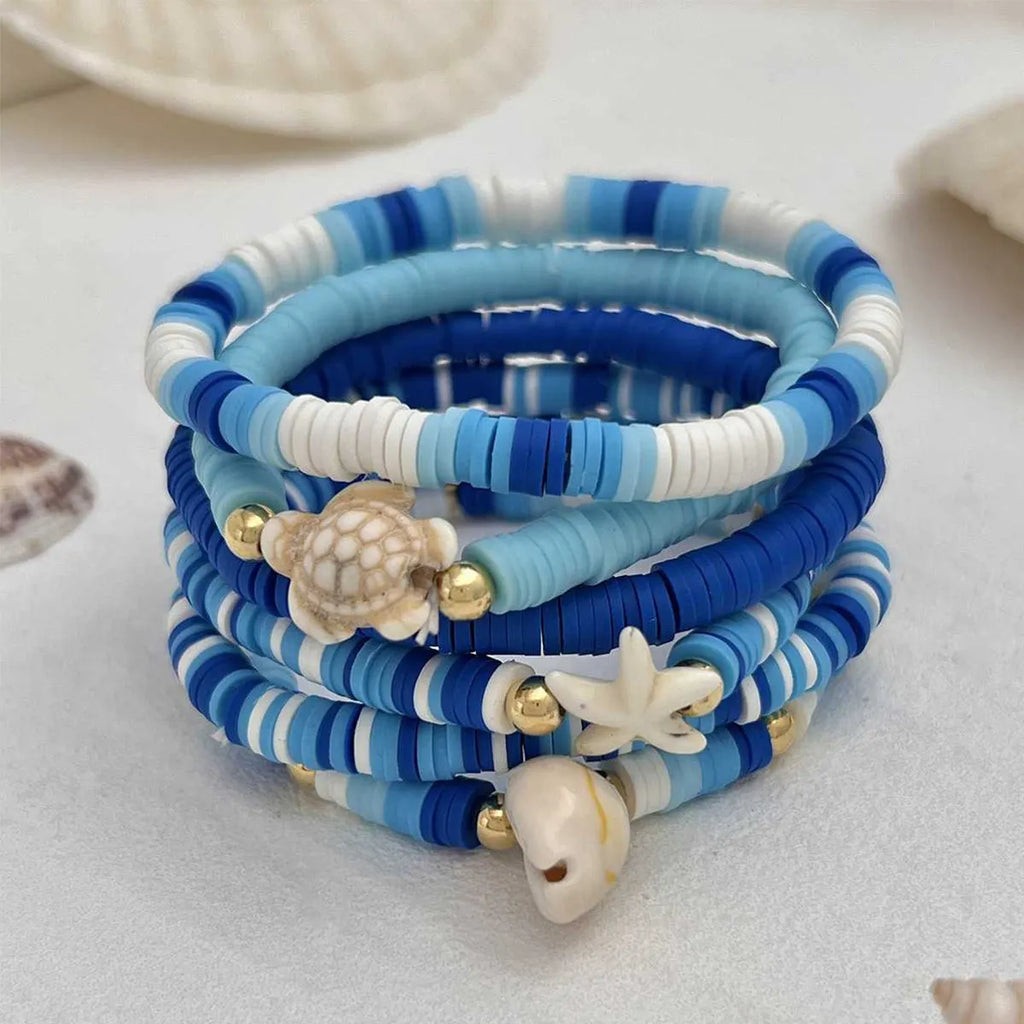 Bohemian blue polymer clay handmade shell bracelet suit set of 6 unisex bracelets on display