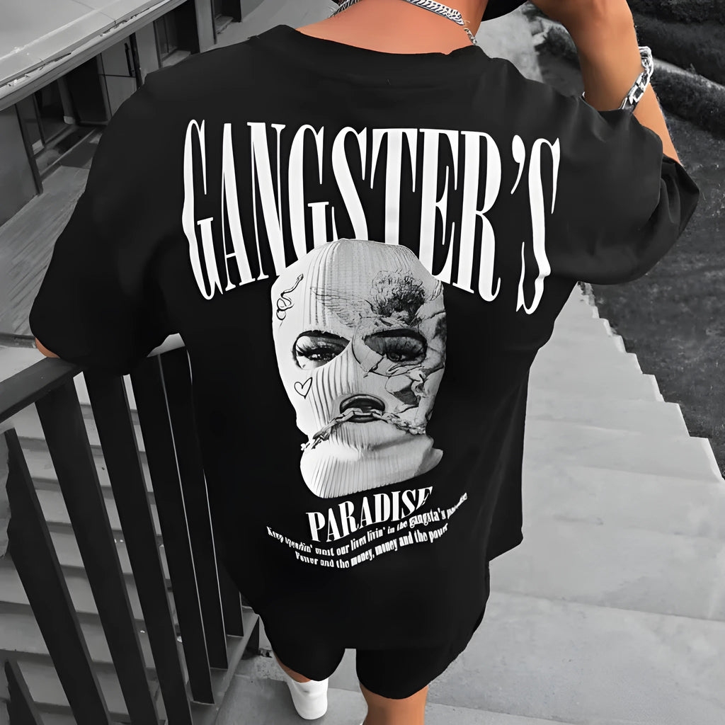 Men's black loose-fit letter print short-sleeve T-shirt imitation cotton fabric