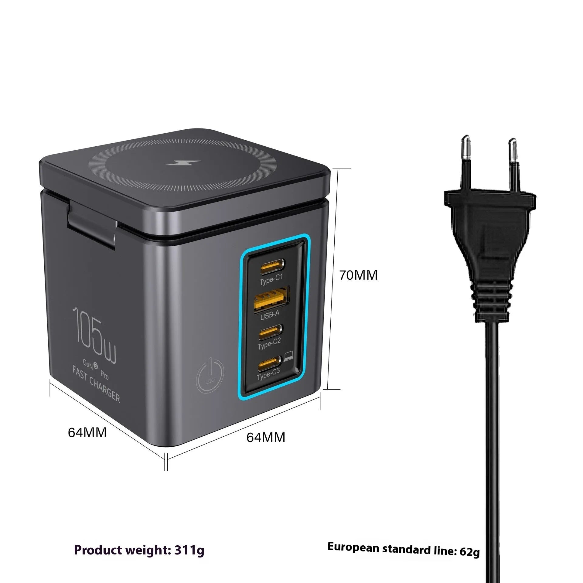 105W GaN magnetic wireless charger in black with interchangeable UK EU US AU power plugs