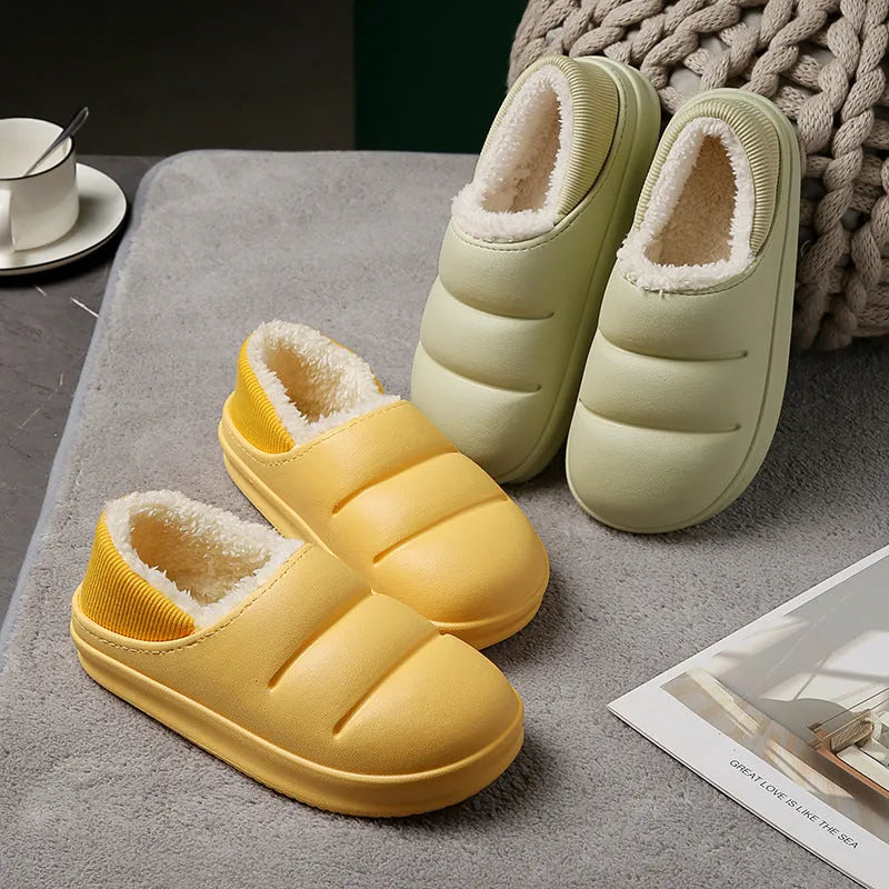 Couple cotton slippers with waterproof EVA sole and warm plush lining in various colours for winter home and garden use