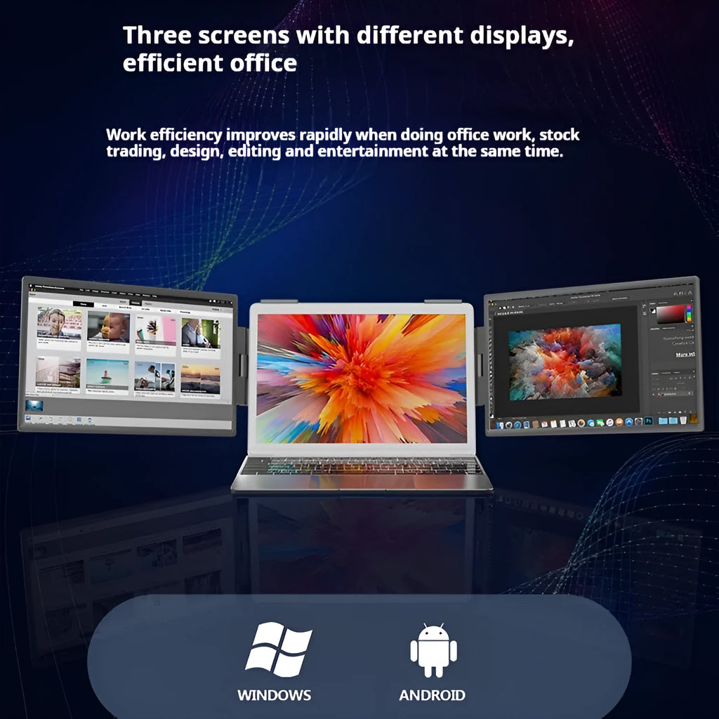 14-inch dual-screen portable monitor with IPS panel and black finish, showing wall-mounted setup for laptop expansion