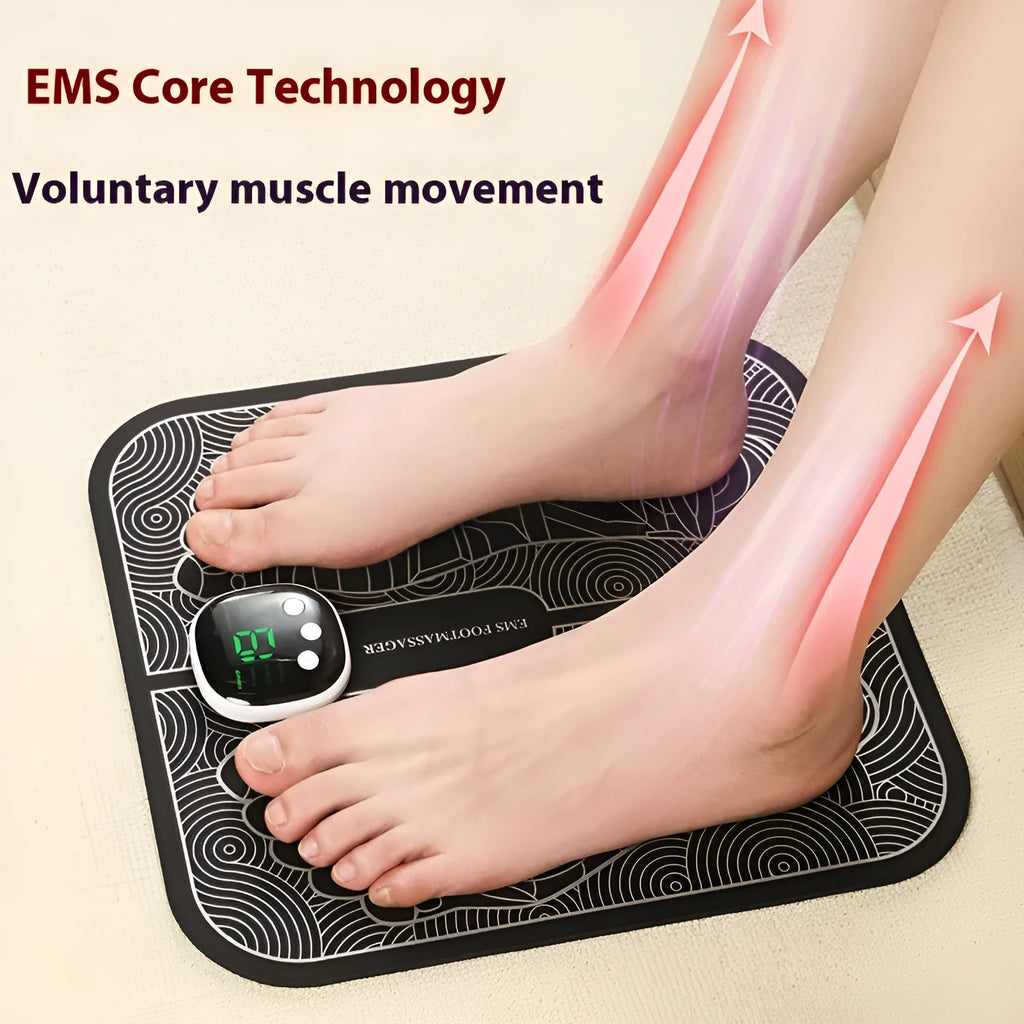 Blue USB-rechargeable foot massager mat with remote control on a wooden floor.