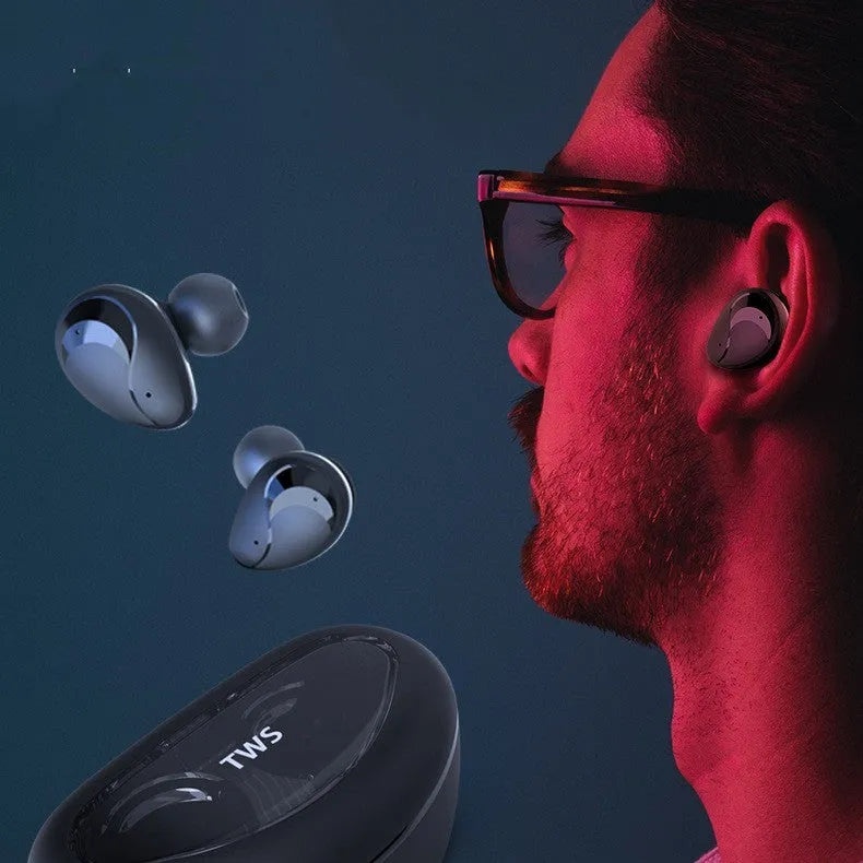 Active noise reduction wireless Bluetooth headset in black, with in-ear design and USB charging cable