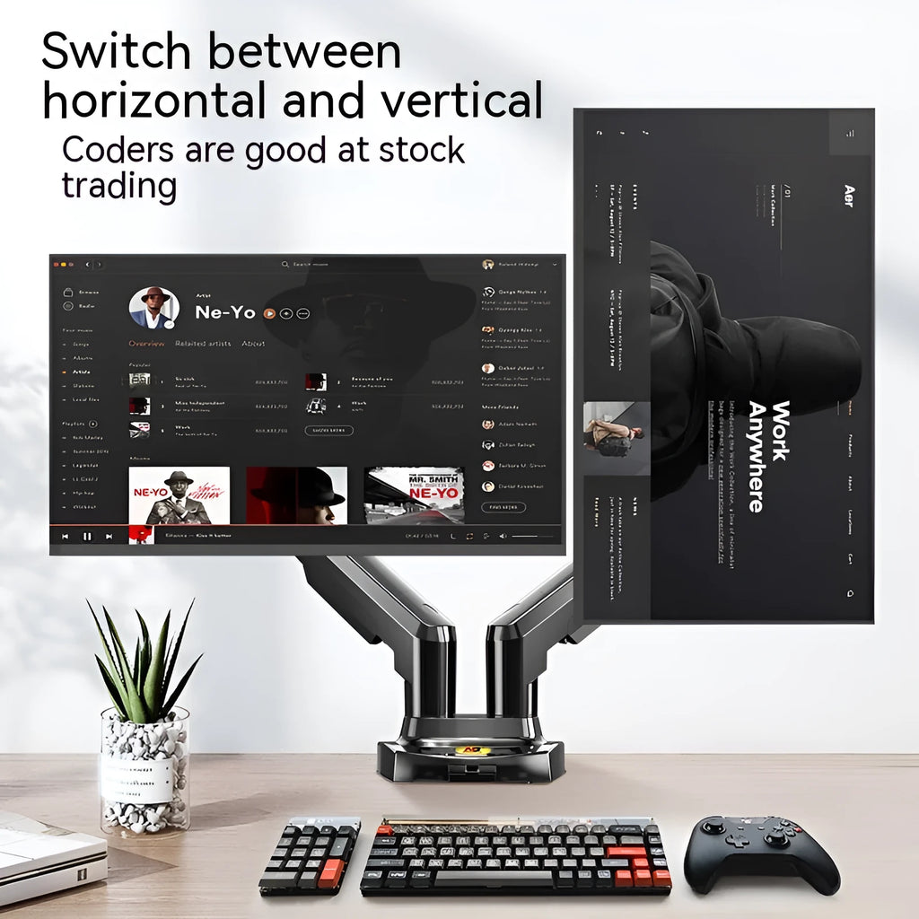 Dual screen monitor bracket in lifting style, made from aluminium and black ABS plastic.