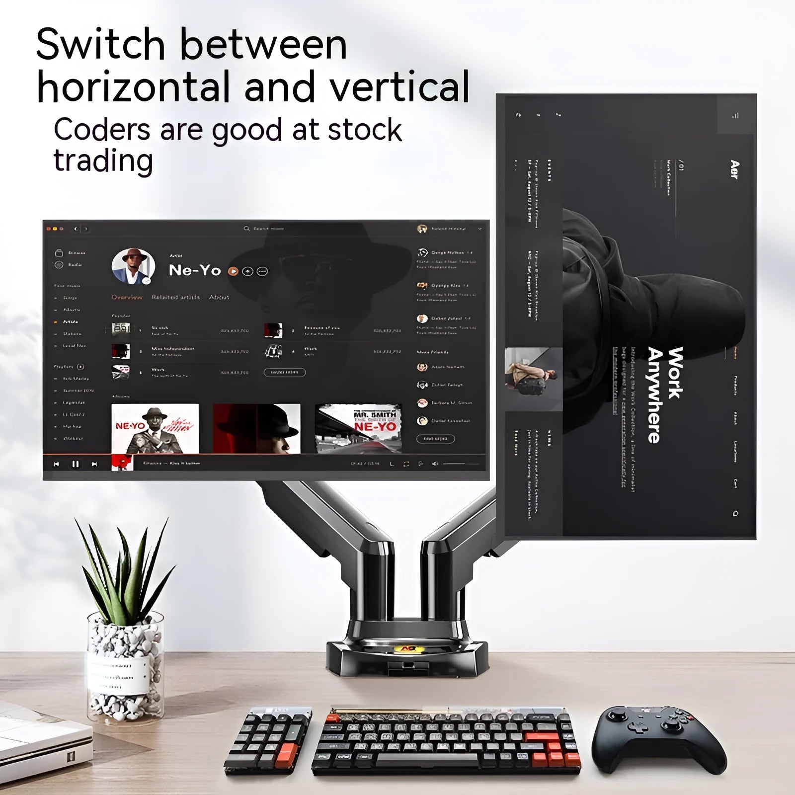 Dual screen monitor bracket in lifting style, made from aluminium and black ABS plastic.