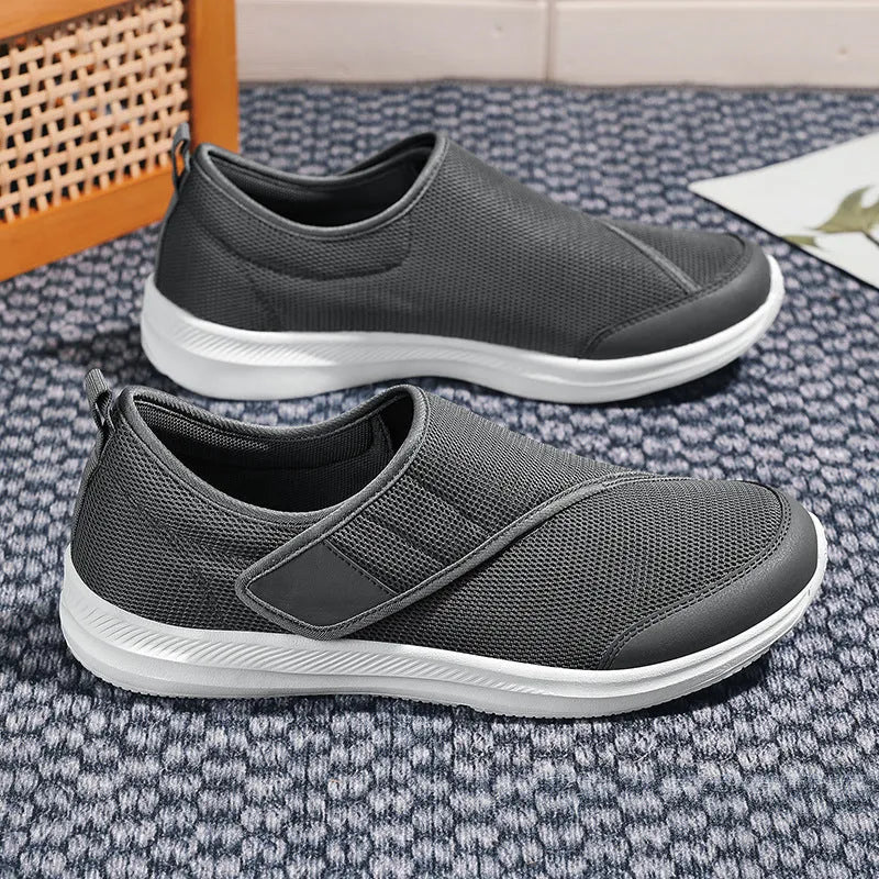 Unisex mesh walking shoes with Velcro fastening, round toe, flat heel, for outdoor mountaineering and daily leisure, black colour