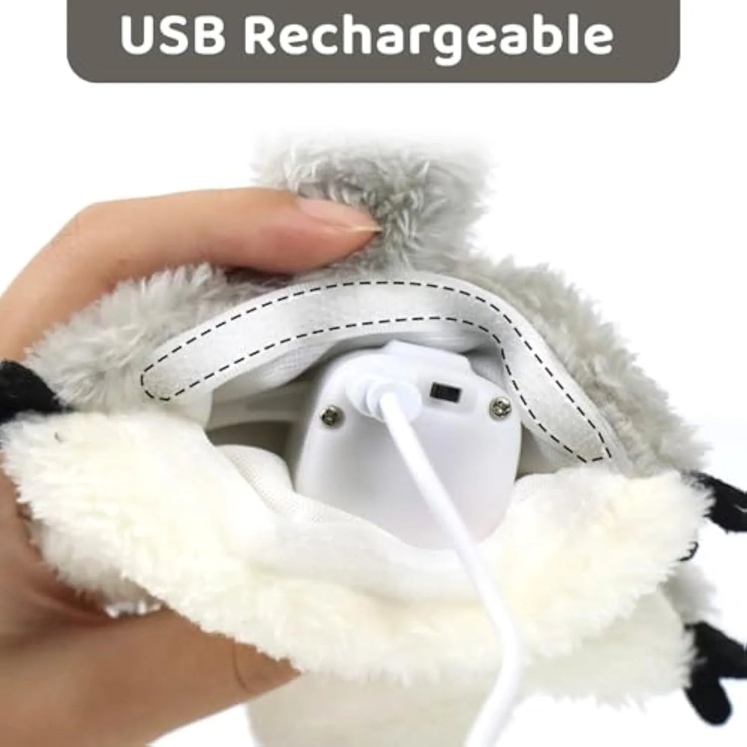 Grey flapping squirrel cat toy with motion sensor, USB charging port, and realistic sound features