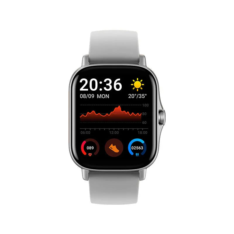 GT20 black alloy smartwatch with silicone strap on wrist, showing heart rate tracking on screen