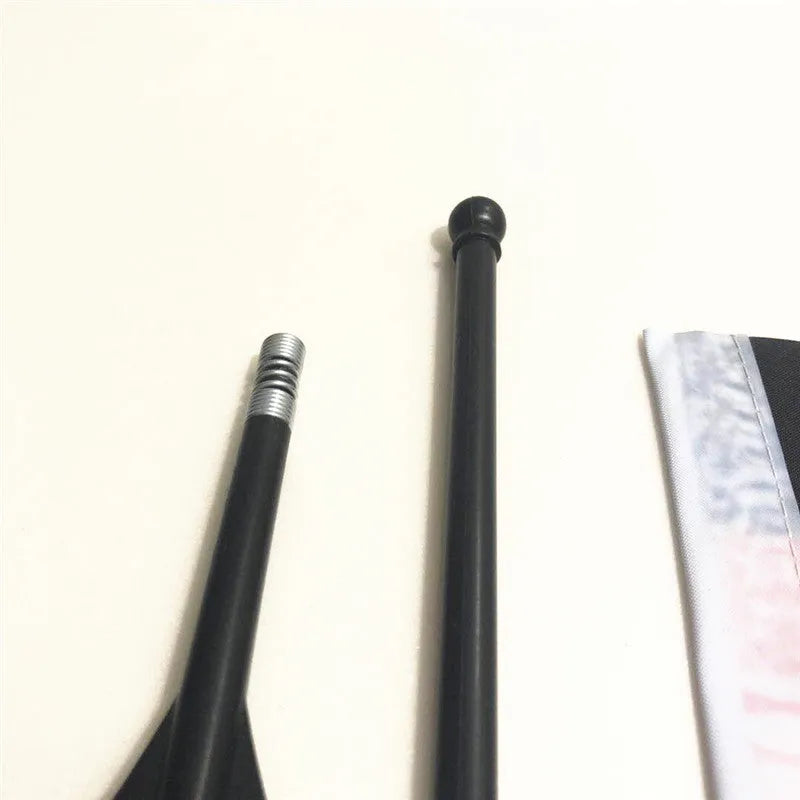 Square polyester flag on plastic pole for handlebar mounting as promotional display