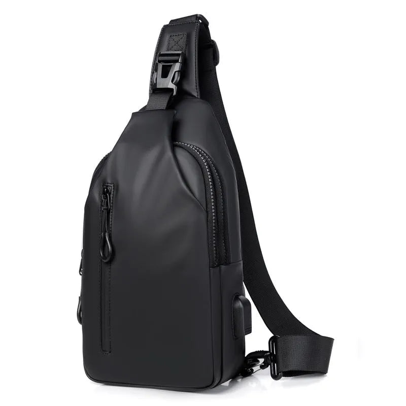 Black sling crossbody chest bag for men, simple city style, vertical square shape, zipper closure, soft surface, blue black grey