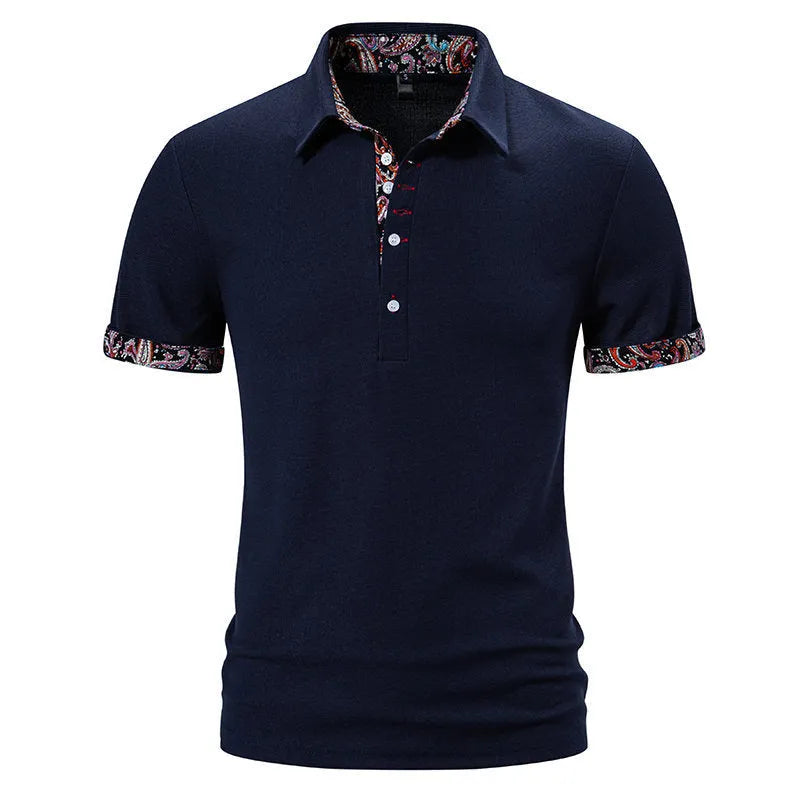 Men's navy blue polo shirt with white stitching on the turnover collar, short sleeves, and a regular fit.