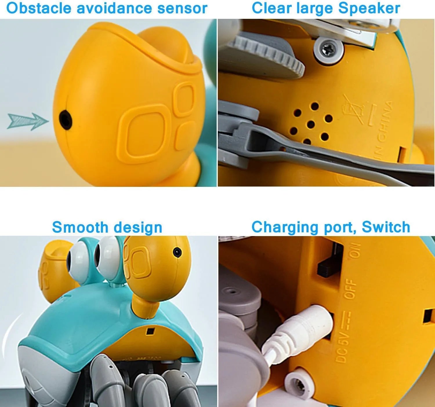 Blue electronic crab dog toy with obstacle avoidance sensors crawling on floor