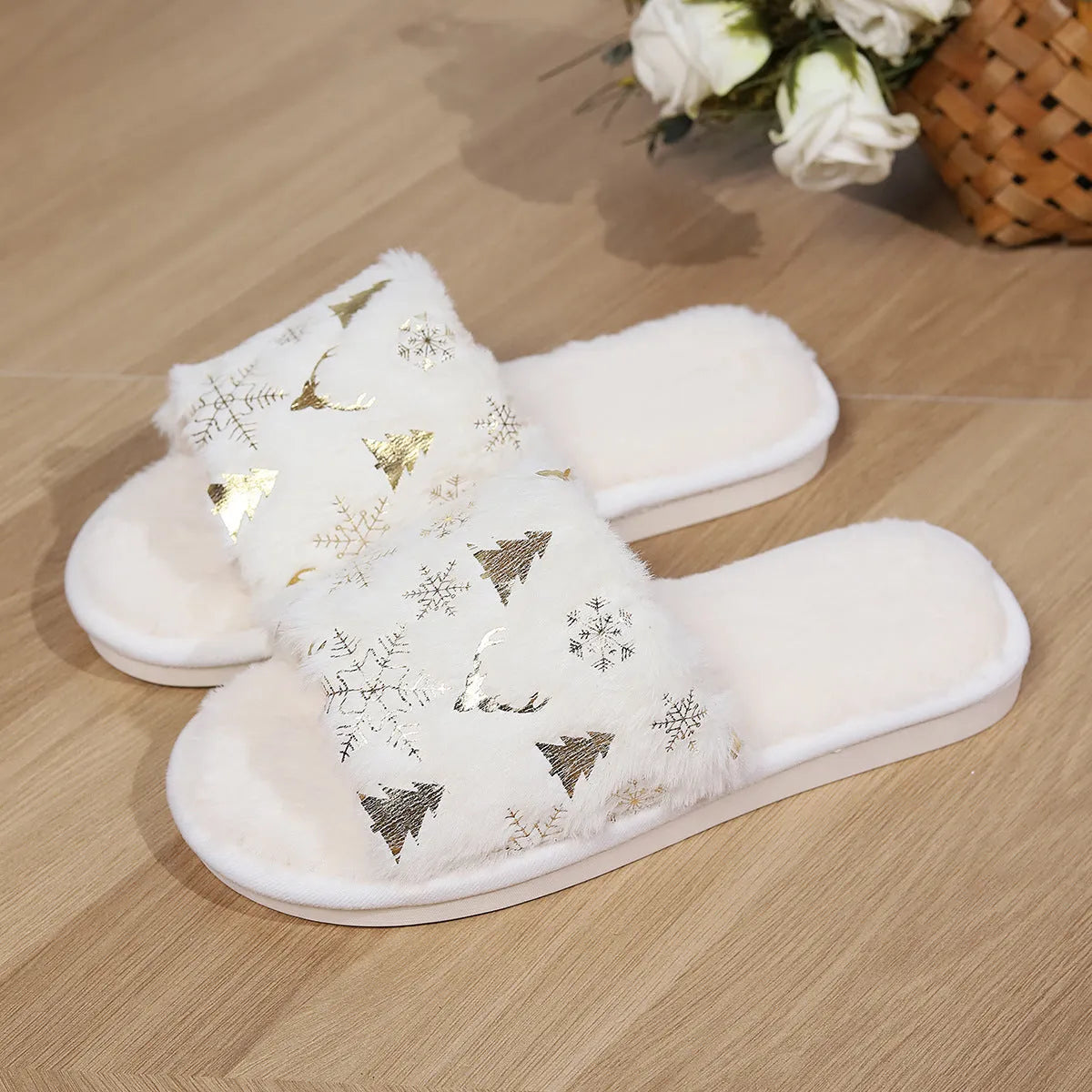 White Christmas plush open-toed slippers with non-slip PVC sole, featuring tree and snowflake decorations