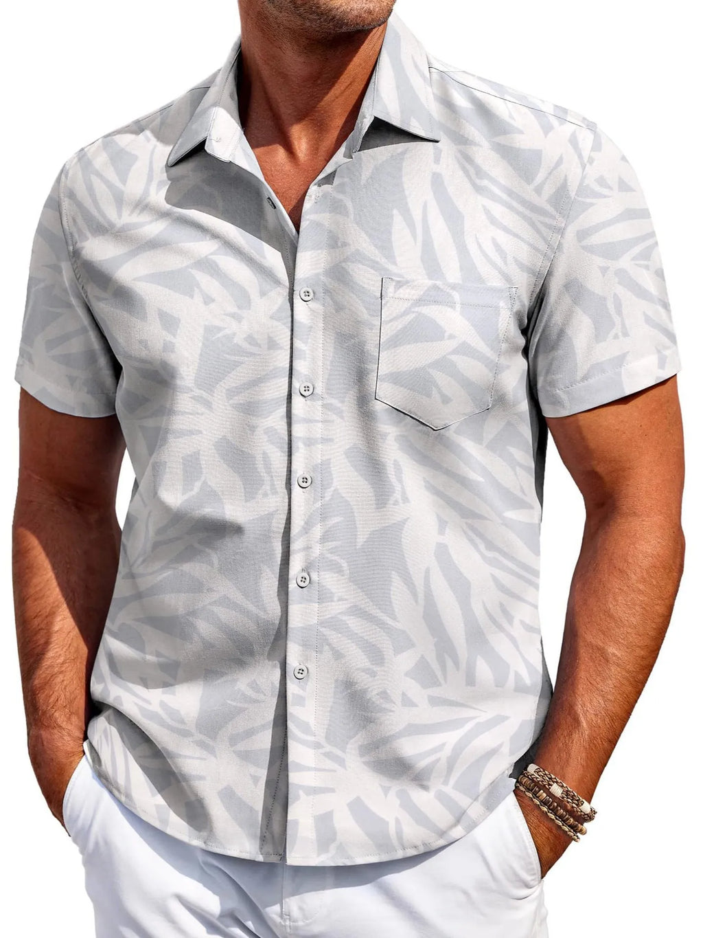 Men's slim-fit Hawaiian short sleeve shirt in elastic polyester fabric showing colour options