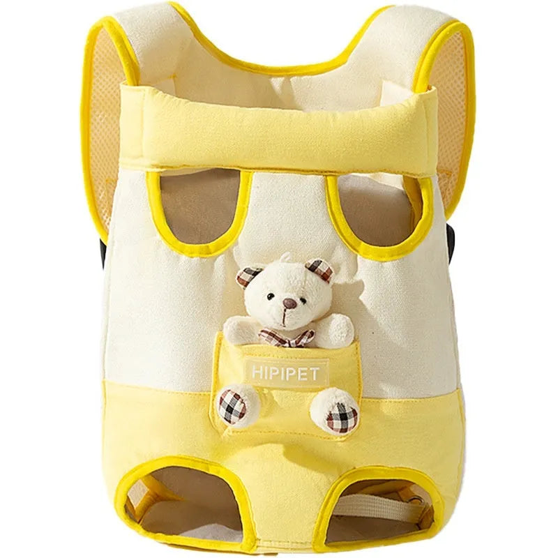 Cartoon pet bag for cats in soft canvas with adjustable ribbon straps and colourful stitching