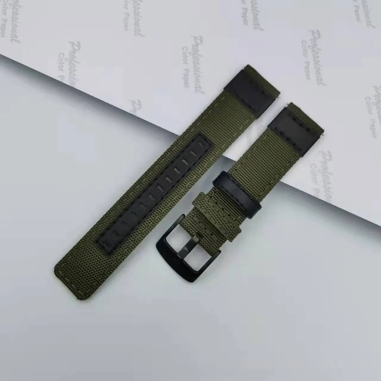 Oxford cloth canvas watch strap in camouflage colour, showing textured fabric and buckle.