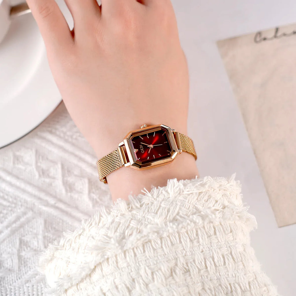 Women's square retro casual watch with rose-coloured steel case and six colour options measuring 8mm thick