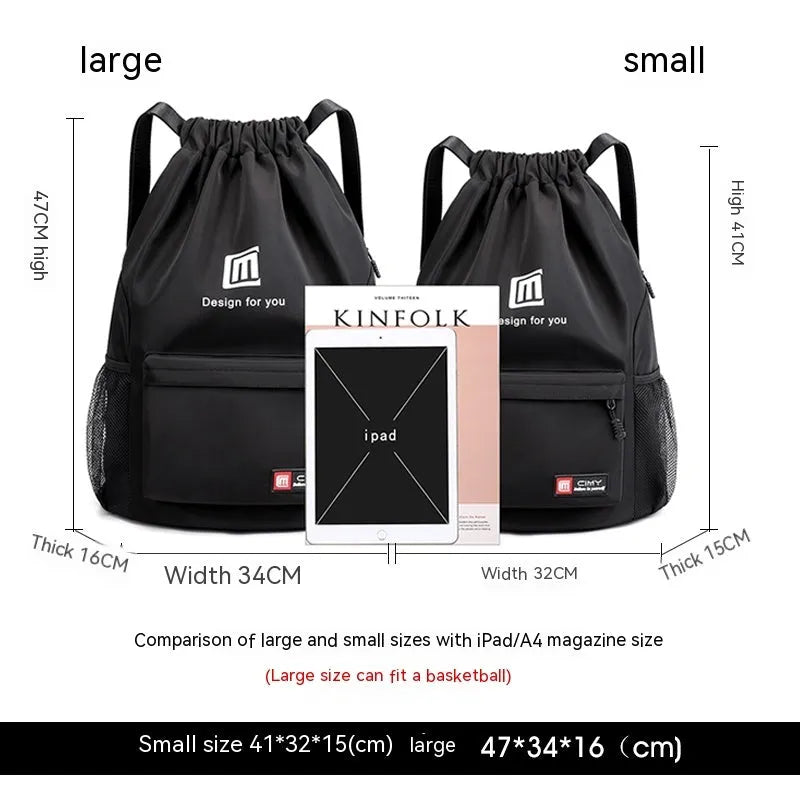 Oxford fabric drawstring backpack in black with phone compartment, shown in folded and unfolded positions