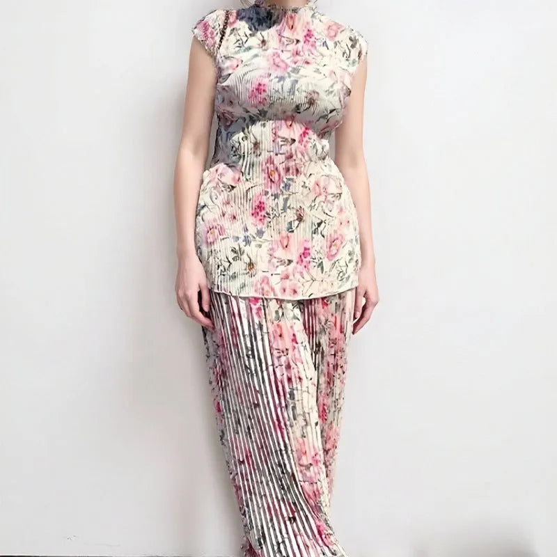 Printed chiffon dress set with high waist skirt and long sleeve top in picture colour