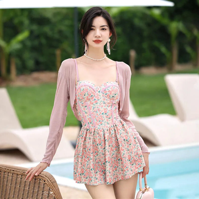 Women's floral one-piece suspender swimsuit in green made from quick-drying nylon fabric