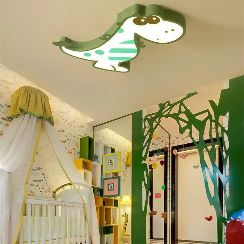 Cartoon dinosaur design ceiling light with a white PVC shade and aluminium fixture, 48 cm in diameter.