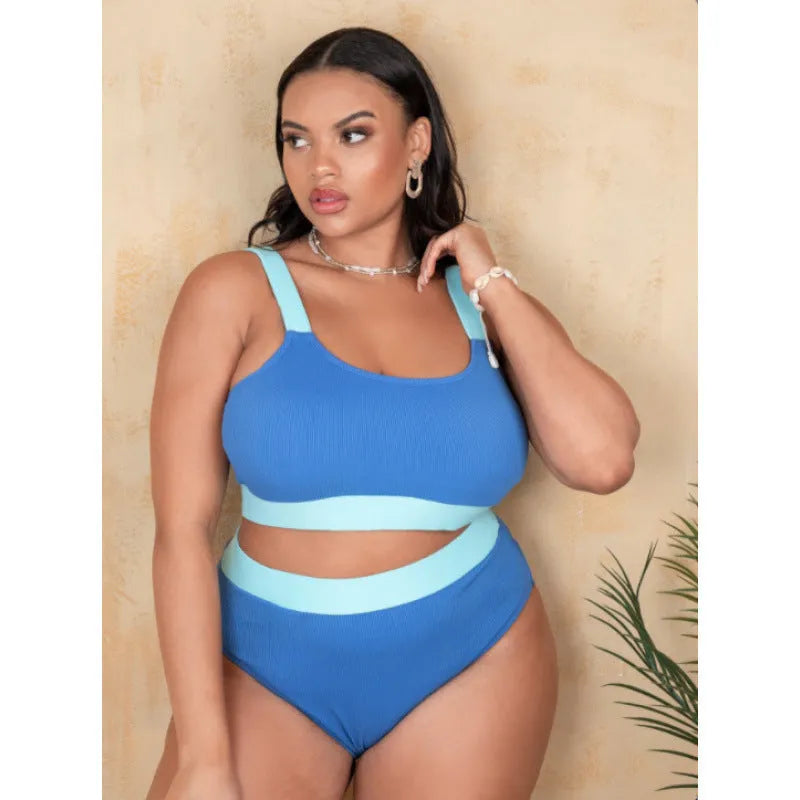 Women's solid colour polyester high-waisted bikini swimsuit with stitching detail