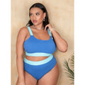 Women's solid colour polyester high-waisted bikini swimsuit with stitching detail