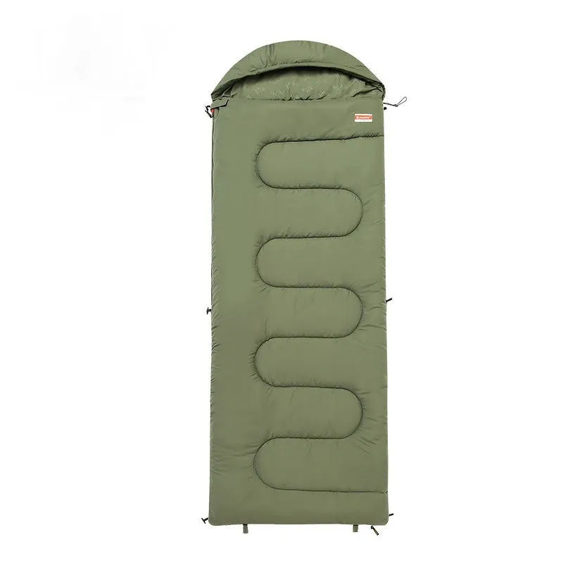 Rectangular ochre cotton sleeping bag quilt laid out flat for camping.