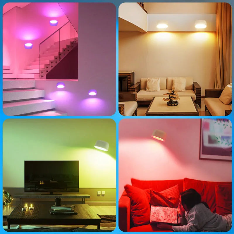 White remote touch magnetic wall lamp with oval light on a wall, showing remote control.
