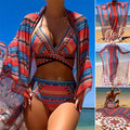 Women's three-piece swimsuit set showing high-waist briefs, cutout blouse, and coat in picture colour