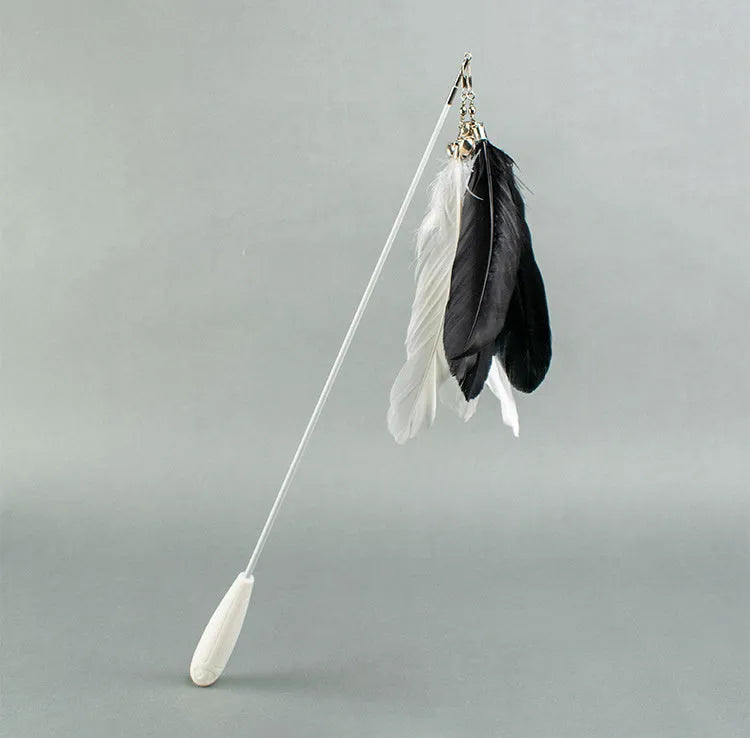 Telescopic fishing rod cat toy with goose feather lure, removable bell, extended to 80 cm on white background