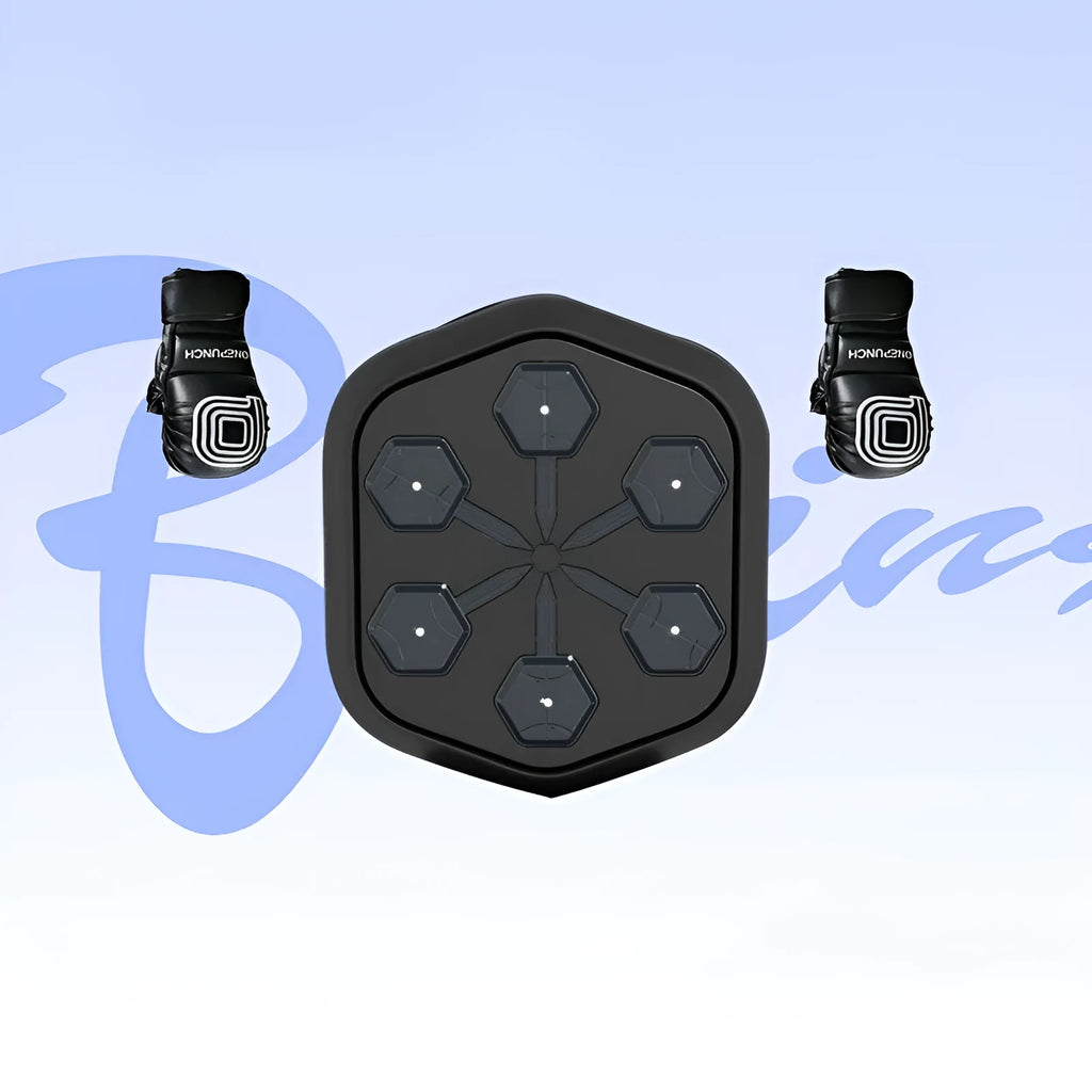 Black smart music boxing machine with Bluetooth connection and included gloves