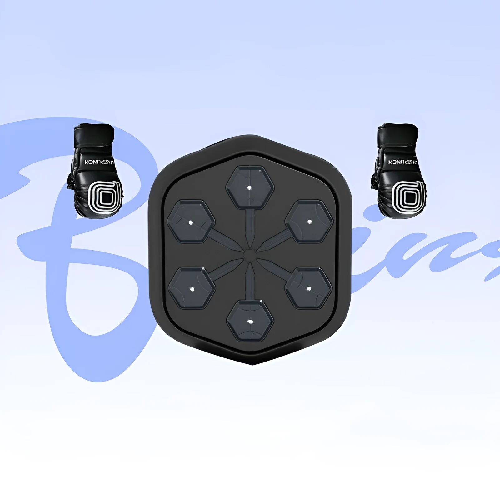 Black smart music boxing machine with Bluetooth connection and included gloves