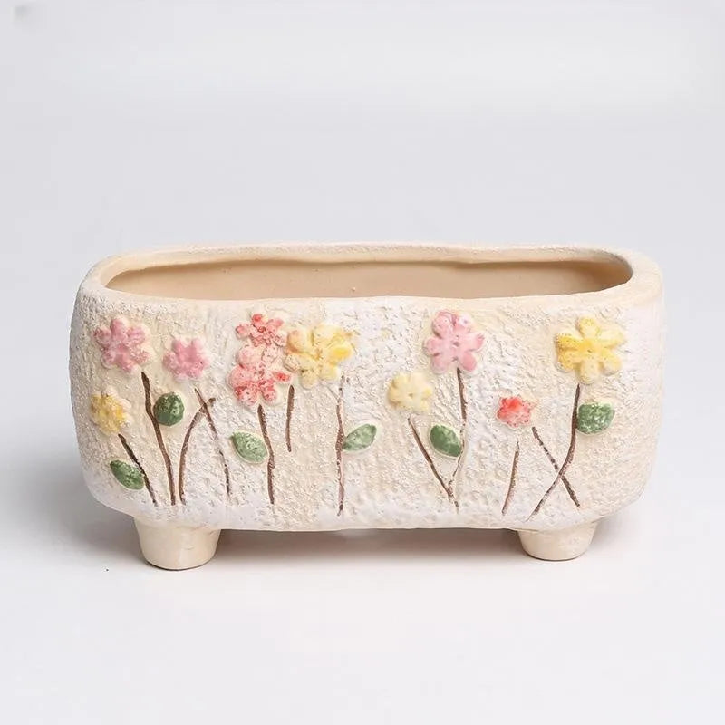 Rectangular hand-painted ceramic flower pot for succulents, 13.7x6.2x6.5cm, with decorative raised design