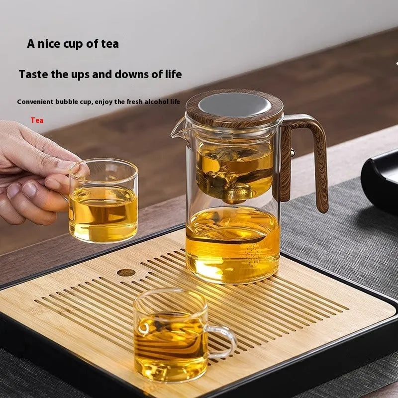 One click magnetic separation glass teapot with walnut wood handle and tea tray