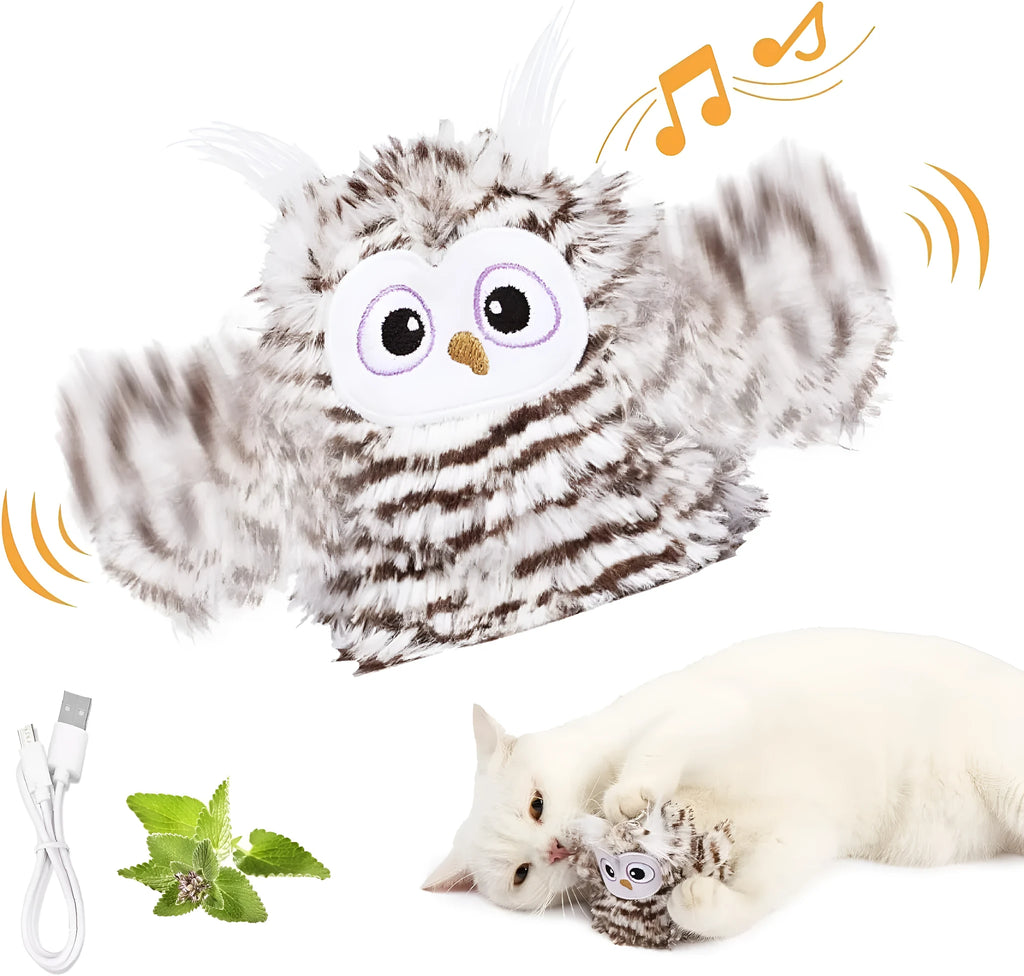 Grey automatic chirping owl cat toy with beating wings for indoor feline play