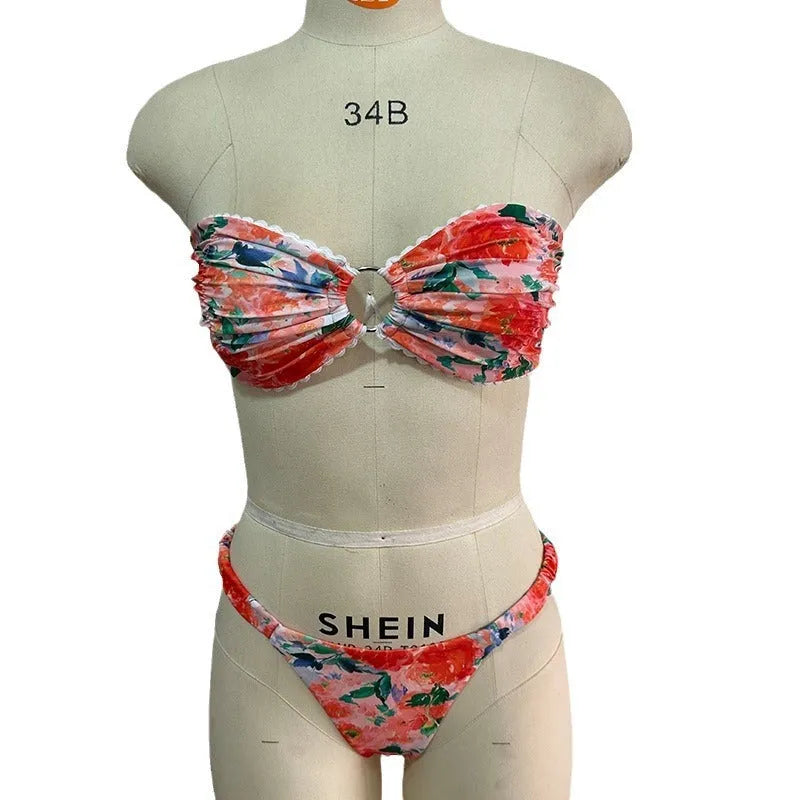 Women's floral lace trim bikini set with sleeveless tube top and matching briefs in backless design