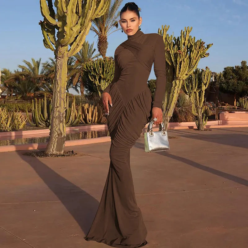 Women's solid colour high neck long sleeve ruffle back bodycon dress in brown pencil skirt style