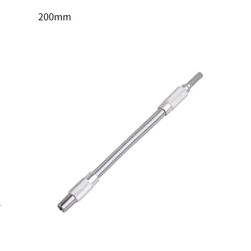 Silver metal flexible shaft extension 6.35mm shank for cordless drill multi-angle grinding, 150mm to 300mm lengths shown