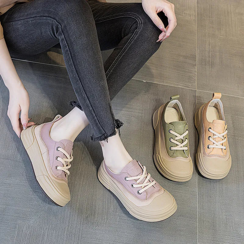 Women's leather platform sneakers in matcha green with round toe and lace-up design