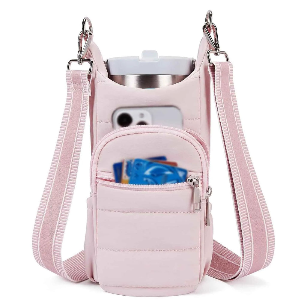 Bicycle water bottle bag in black, pink or beige colours with cloth construction and handlebar mount