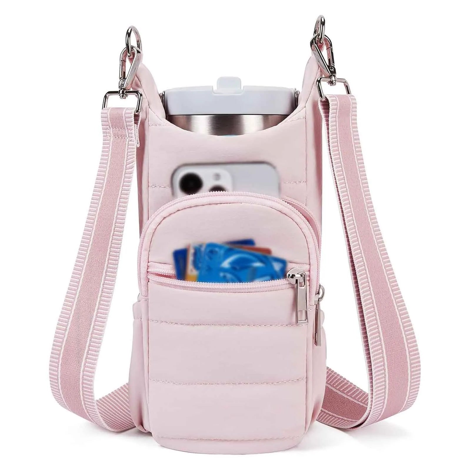 Bicycle water bottle bag in black, pink or beige colours with cloth construction and handlebar mount