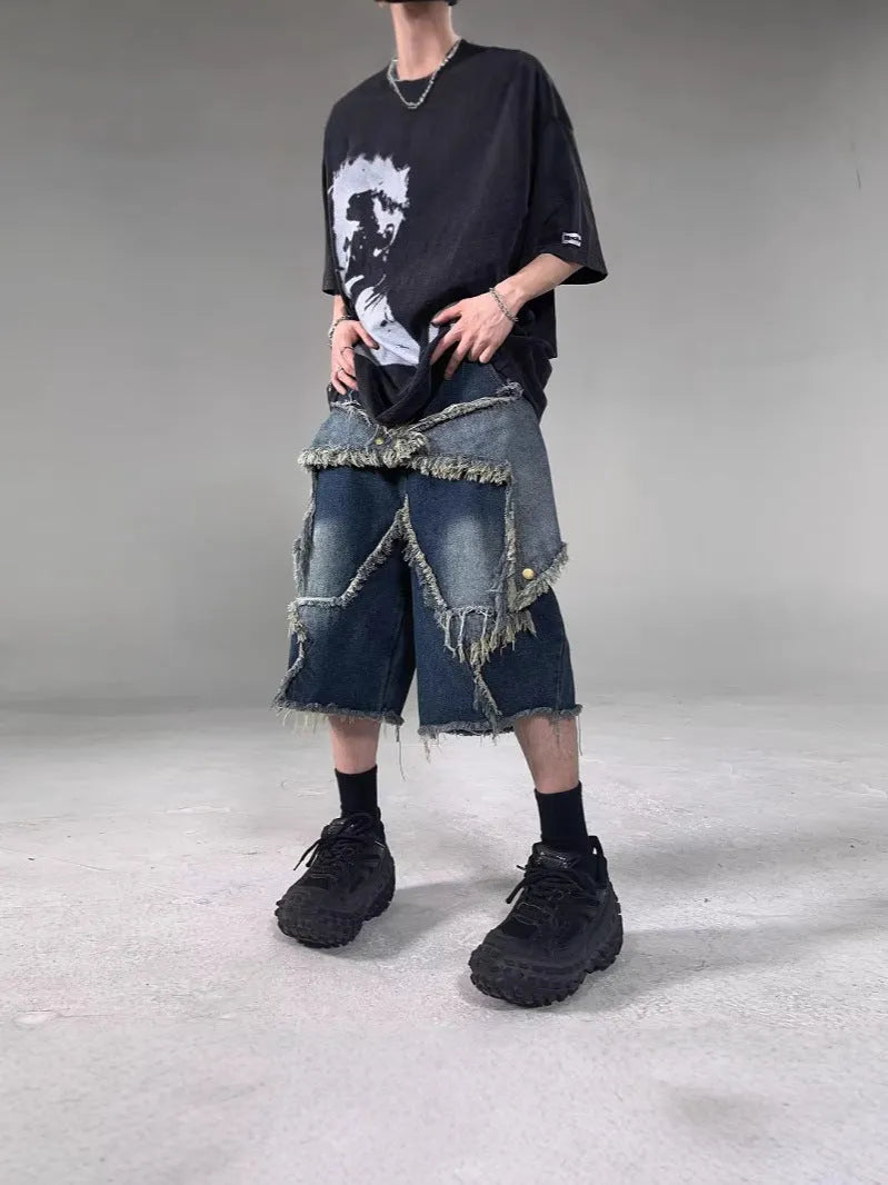 Blue denim shorts with frayed five-pointed star embroidery, loose fit summer shorts
