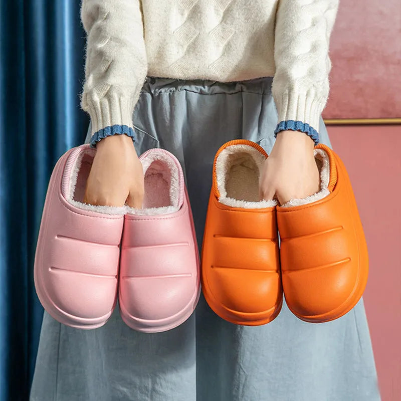Couple cotton slippers with waterproof EVA sole and warm plush lining in various colours for winter home and garden use
